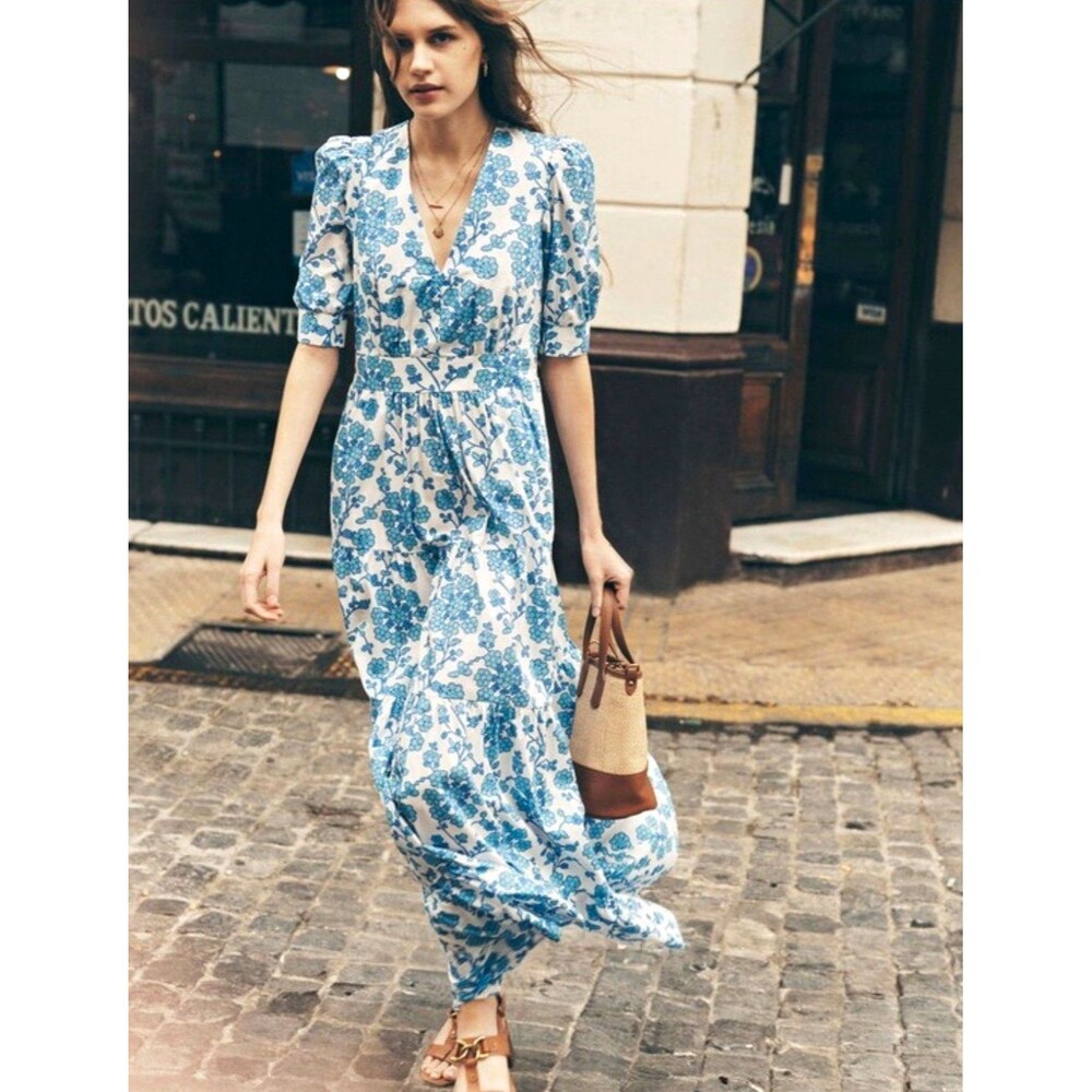 Boden Bella Puff Sleeve Maxi Dress White/Blue Floral V-Neck Pockets Ruffle Sz 12